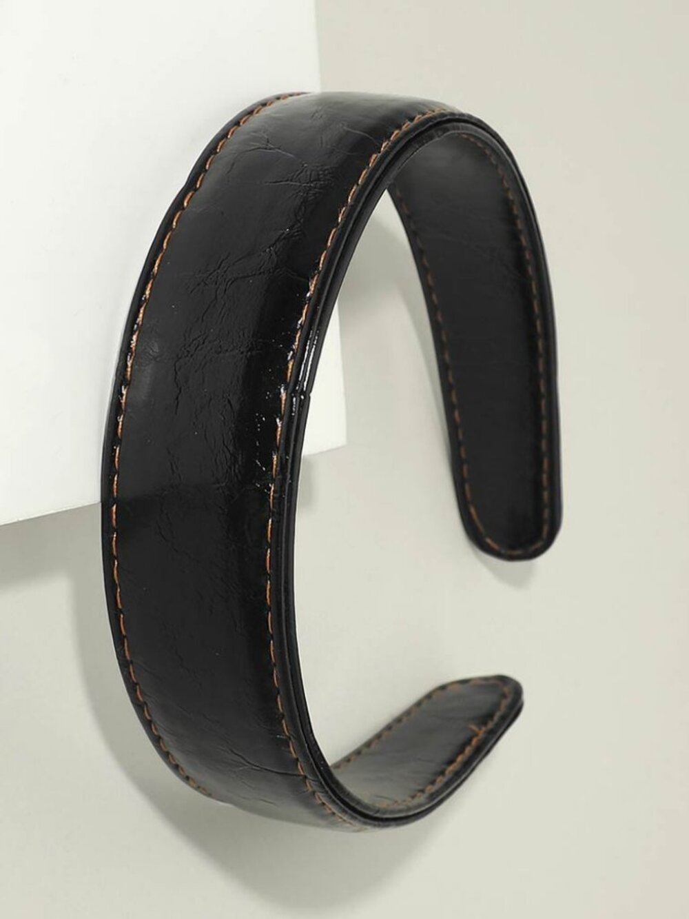 Classic Stitched Faux Leather Headband - Black
